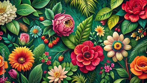 Vibrant Floral Composition A Lush Garden of Colorful Blooms and Verdant Foliage