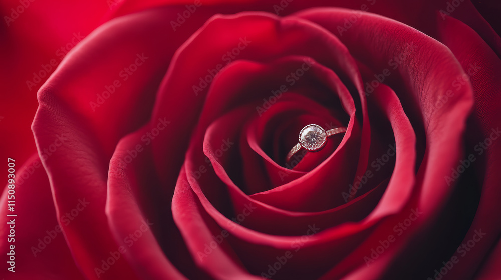 close up of engagement ring nestled in red rose, symbolizing love and commitment. intricate details of ring shine beautifully against velvety petals close up of engagement ring nestled in red rose, symbolizing love and commitment. intricate details of ring shine beautifully against velvety petals