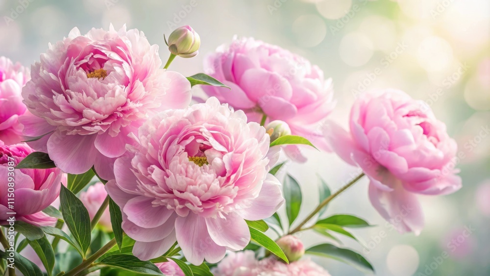 Delicate pink peony flowers in full bloom against a soft white background with delicate green foliage and subtle highlights , floral arrangements, soft focus Delicate pink peony flowers in full bloom against a soft white background with delicate green foliage and subtle highlights , floral arrangements, soft focus