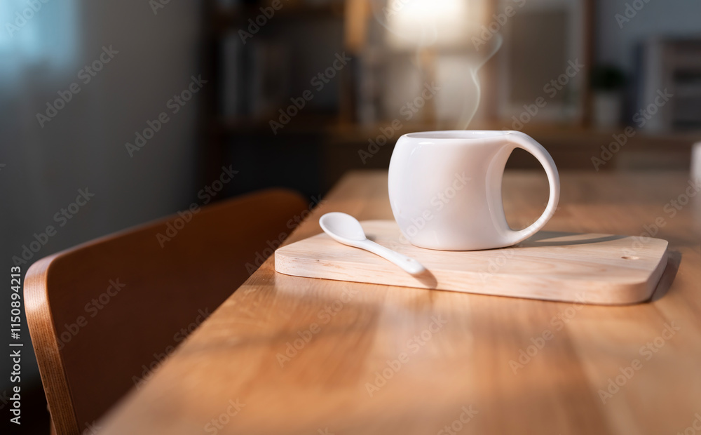 White cup of hot coffee on wooden table in kitchen room. White cup of hot coffee on wooden table in kitchen room.