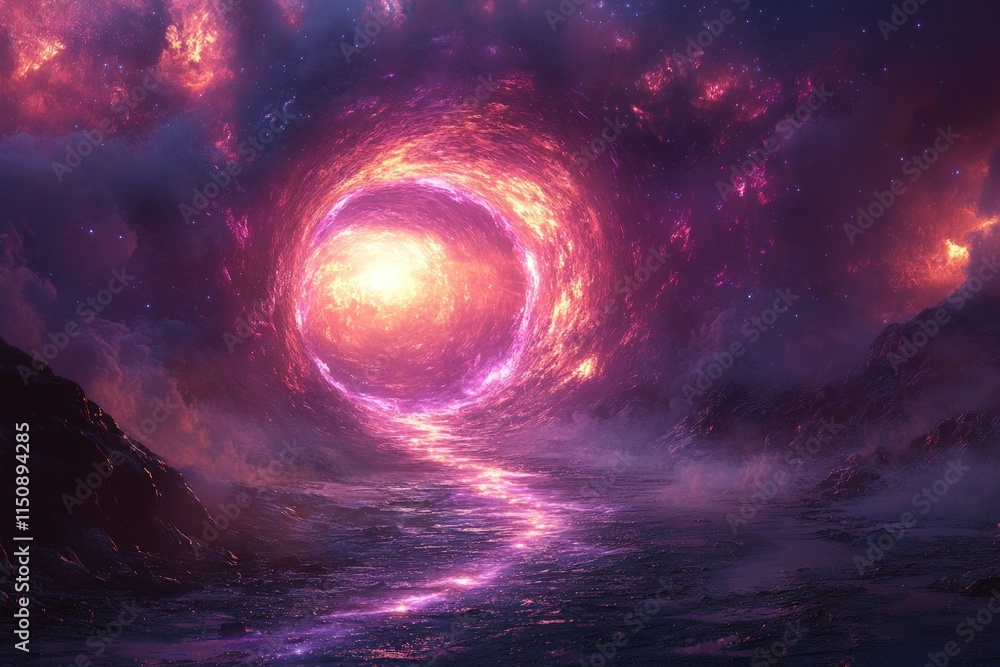 Fototapeta premium Cosmic portal, fiery nebula, alien landscape.