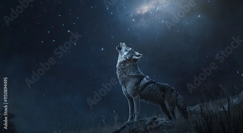 A wolf howls under the starry sky, its fur shimmering in silver and gray hues against the backdrop of an endless night sky. photo