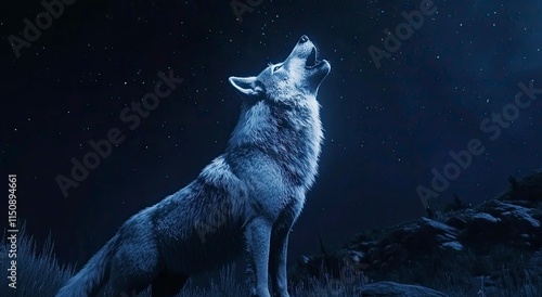 A wolf howls under the starry sky, its fur shimmering in silver and gray hues against the backdrop of an endless night sky. photo