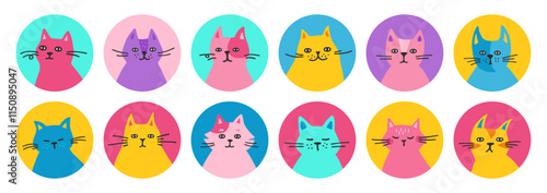 Cats head avatar funny set. Collection of portraits of happy cute different kitten headshot. Vector illustration character pet animal avatars for social media profile male or female art design