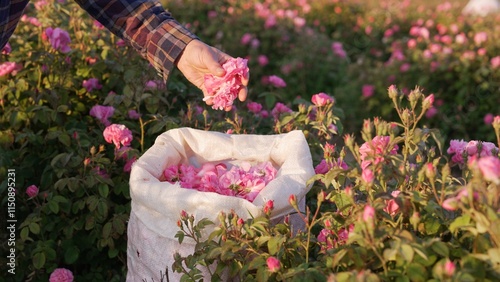 The Damask Rose Harvest. A bag with pink rosebuds and petals