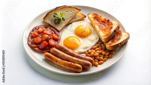 Wallpaper Mural A hearty and delicious full breakfast plate featuring fried eggs, sausages, baked beans, grilled tomatoes, and toasted bread Torontodigital.ca