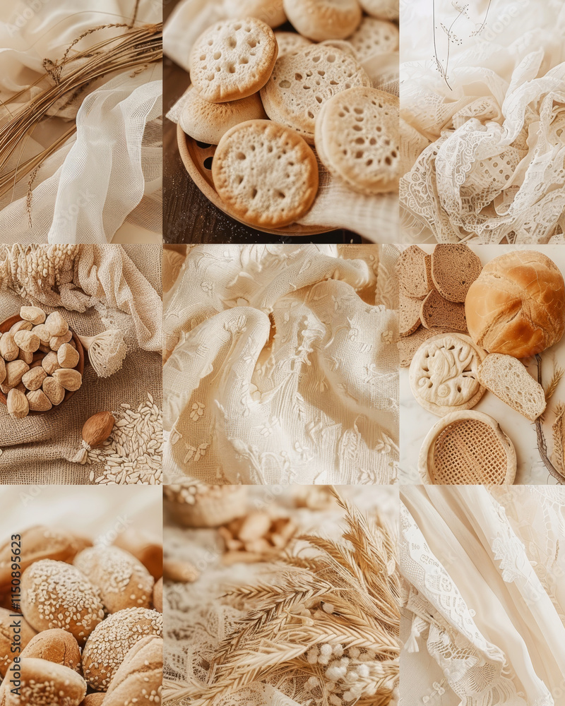 Flat Lay, Beige Aesthetic Bakery Mood Board, Rustic Linen Background, Stylish Food Photography Flat Lay, Beige Aesthetic Bakery Mood Board, Rustic Linen Background, Stylish Food Photography