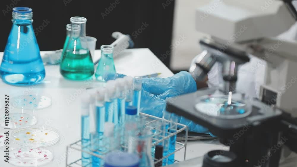 Scientist analyze biochemical samples in advanced scientific laboratory. Medical professional use microscope look microbiological developmental of viral. Biotechnology research in science lab. Scientist analyze biochemical samples in advanced scientific laboratory. Medical professional use microscope look microbiological developmental of viral. Biotechnology research in science lab.
