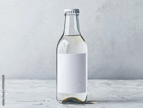 A transparent glass bottle with a metallic cap on a gray marble background, highlighting the simplicity and elegance of the design. photo