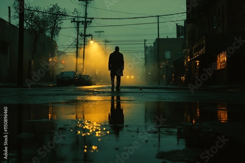 Man walking down foggy city street at night.