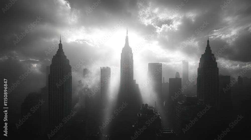 Fototapeta premium Sunbeams pierce cloudy cityscape, illuminating skyscrapers.