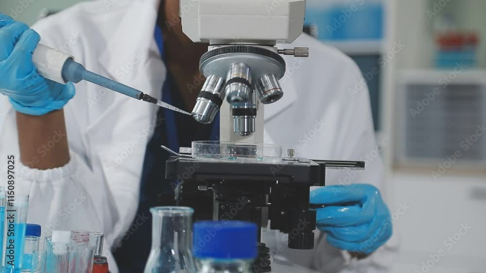 Scientist analyze biochemical samples in advanced scientific laboratory. Medical professional use microscope look microbiological developmental of viral. Biotechnology research in science lab. Scientist analyze biochemical samples in advanced scientific laboratory. Medical professional use microscope look microbiological developmental of viral. Biotechnology research in science lab.
