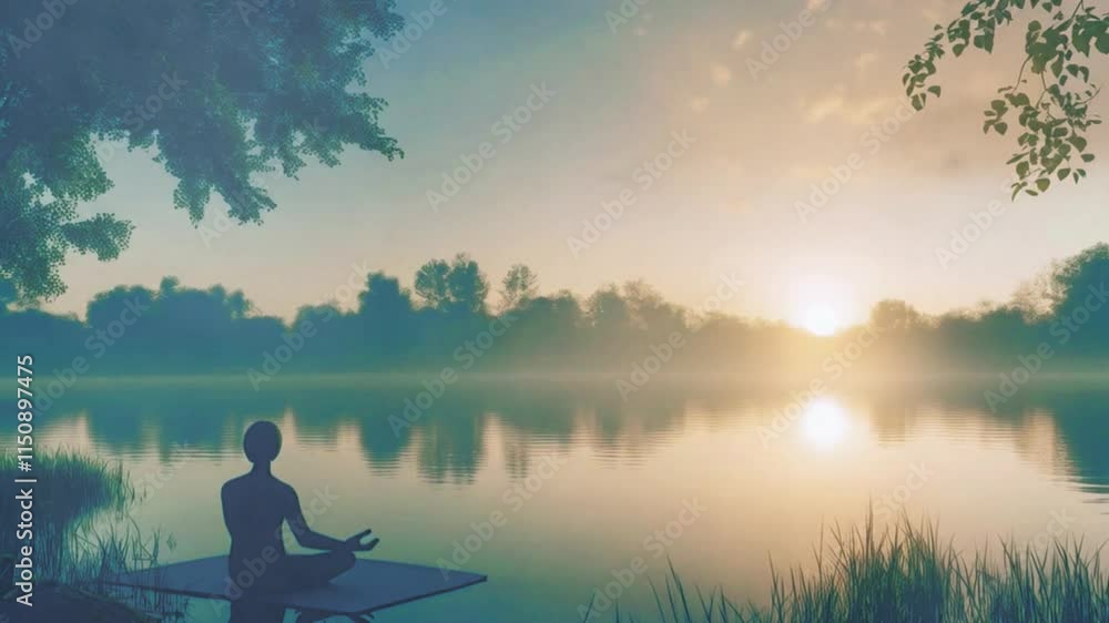 Peaceful lakeside meditation under sunrise with lush greenery. Nature connection concept. Seamless looping 4K time-lapse animation video background Peaceful lakeside meditation under sunrise with lush greenery. Nature connection concept. Seamless looping 4K time-lapse animation video background