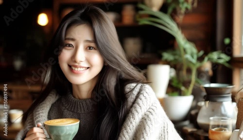 분위기있는카페에서 여유롭게 미소짓는 아름다운 한국여성