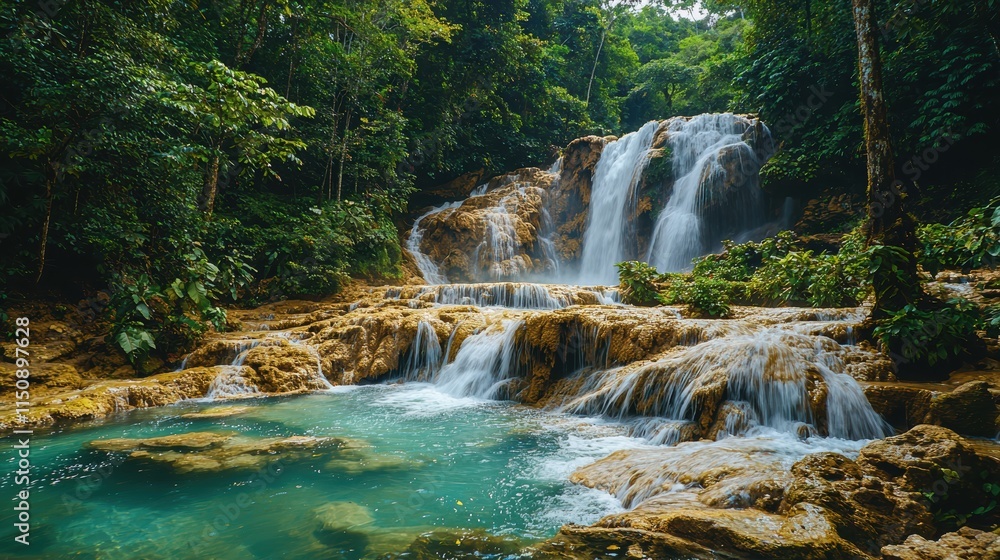 A beautiful waterfall surrounded by lush green trees. Generative AI A beautiful waterfall surrounded by lush green trees. Generative AI