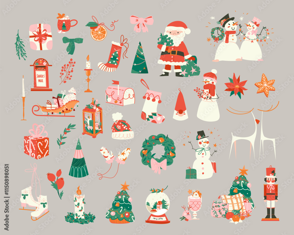 Fototapeta premium Christmas elements set with Santa character, snowman, Christmas tree, gifts, Christmas and New Year decor, balls, snowflakes. Vector illustration