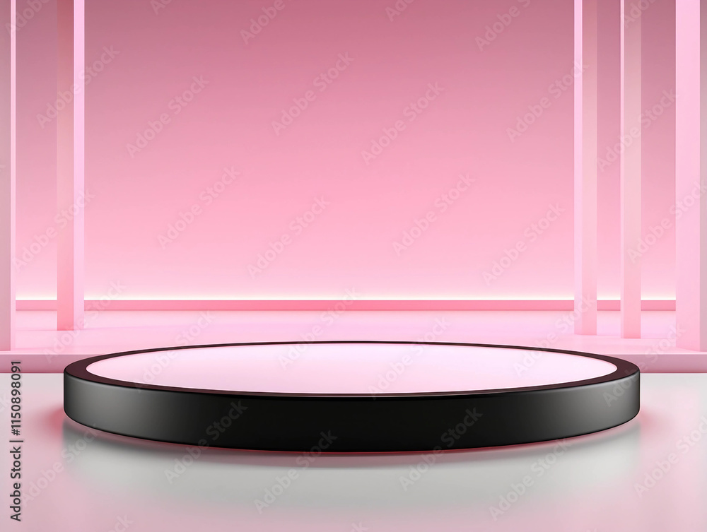 Black Circular Platform on White Background with Blurred Pink and White Gradient Black Circular Platform on White Background with Blurred Pink and White Gradient