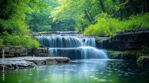 A beautiful waterfall is flowing into a lake surrounded by trees. Generative AI