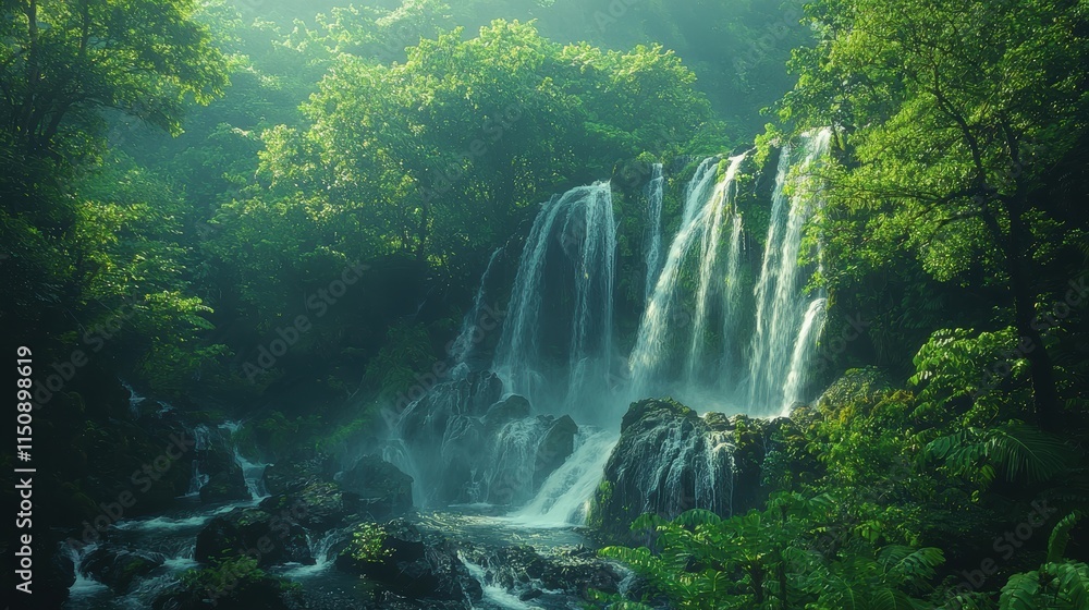 A lush green forest with a waterfall. Generative AI