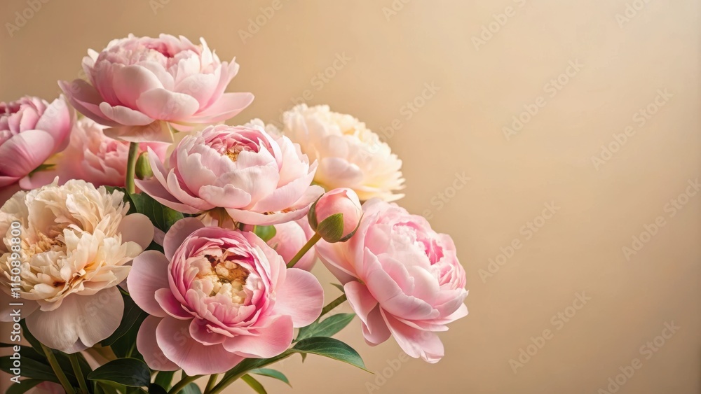 Soft pastel pink peonies in full bloom against a warm beige background Soft pastel pink peonies in full bloom against a warm beige background