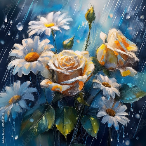 raining on daisies, rosesGenerated image