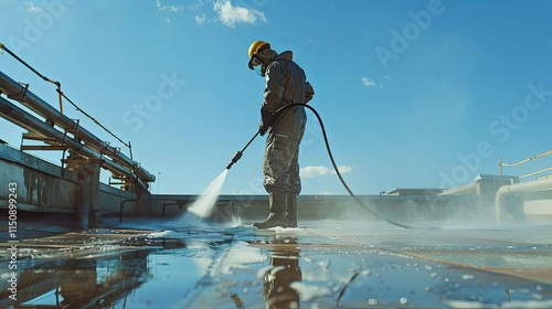 Industrial Roof Cleaning: Worker Pressure Washing Flat Roof with Industrial Equipment