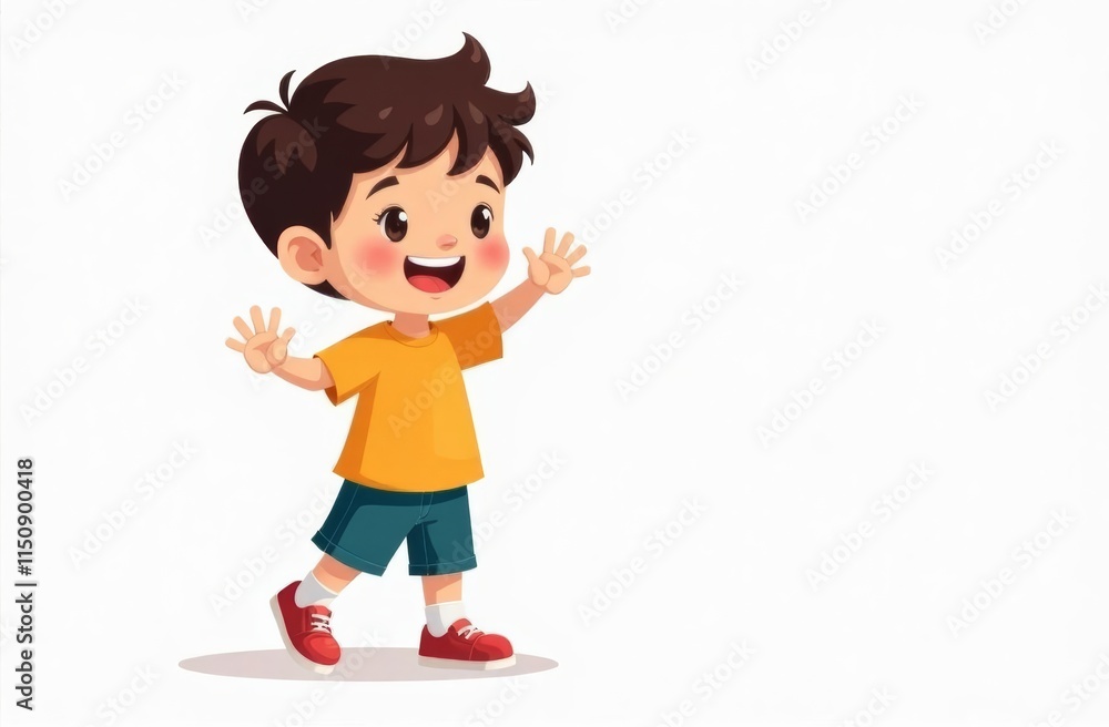 A young boy with dark hair is smiling and waving his hands excitedly. He wears a bright orange shirt and blue shorts, embodying pure joy in a playful moment. The background is simple and uncluttered. A young boy with dark hair is smiling and waving his hands excitedly. He wears a bright orange shirt and blue shorts, embodying pure joy in a playful moment. The background is simple and uncluttered.