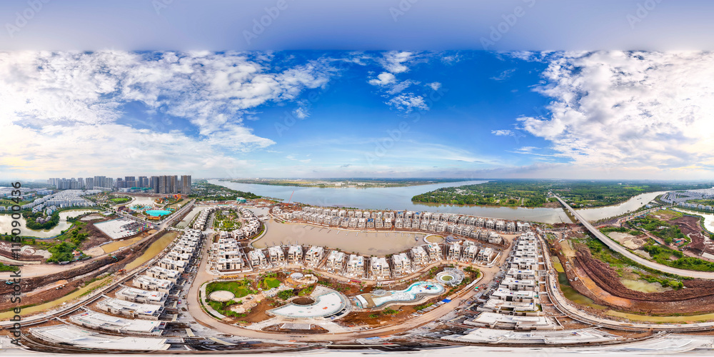 Aerial view of Thu Duc city 2024, Ho Chi Minh city-Vietnam with apartment and building real estate projects, river. Aerial view of Saigon city with blue sky and sun. Fly-cam landscape Aerial view of Thu Duc city 2024, Ho Chi Minh city-Vietnam with apartment and building real estate projects, river. Aerial view of Saigon city with blue sky and sun. Fly-cam landscape