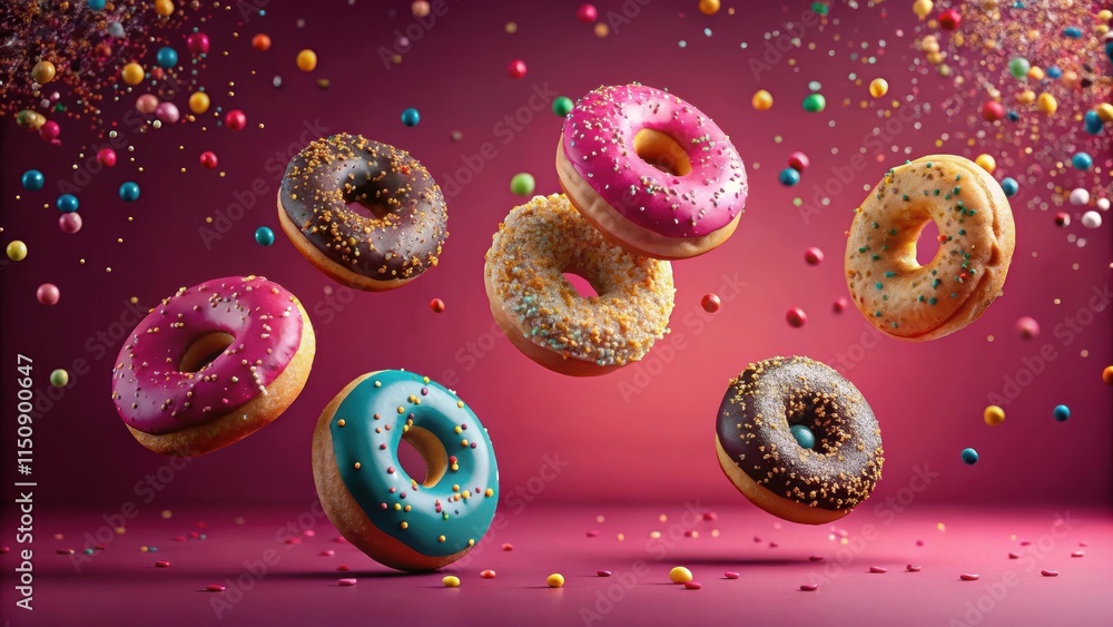 donuts falling down with sprinkles on a dark pink background, colorful sprinkles donuts falling down with sprinkles on a dark pink background, colorful sprinkles