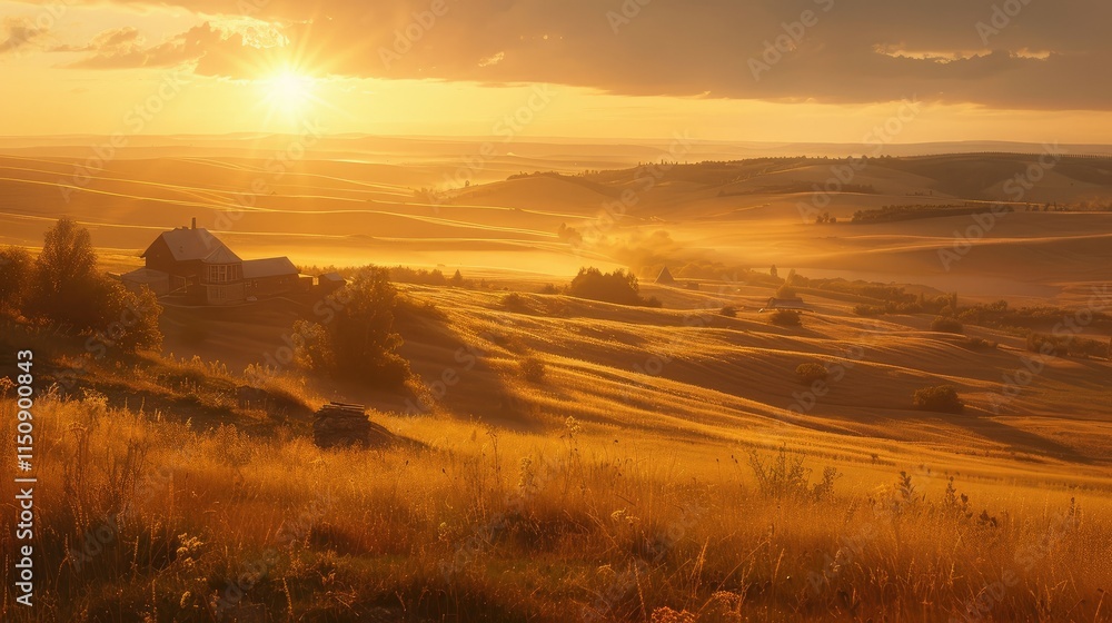 Golden hour sunlight on peaceful countryside Golden hour sunlight on peaceful countryside