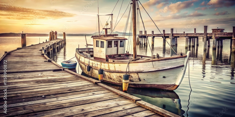 Distressed wooden sailing boat docked at a weathered harbor with old wooden piers and a vintage monochrome label on its hull, wooden docks, weathered wood Distressed wooden sailing boat docked at a weathered harbor with old wooden piers and a vintage monochrome label on its hull, wooden docks, weathered wood