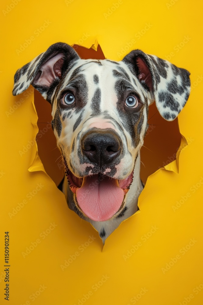 A dog is looking out of a hole in a yellow background. Generative AI A dog is looking out of a hole in a yellow background. Generative AI
