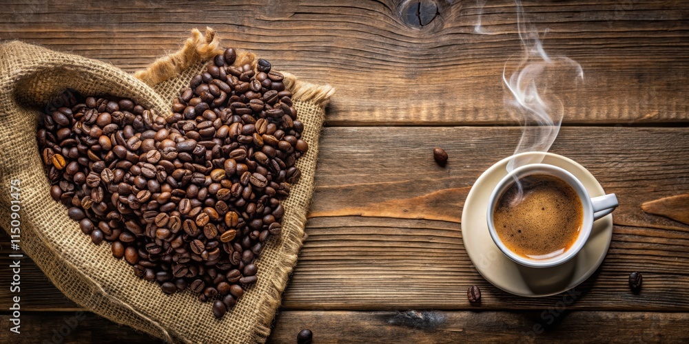 Cup of coffee with heart shape smoke and coffee beans on burlap sack on old wooden background, heart Cup of coffee with heart shape smoke and coffee beans on burlap sack on old wooden background, heart
