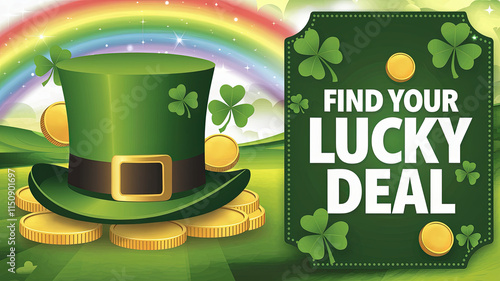 Find your lucky deal with a green hat and gold coins under a rainbow photo