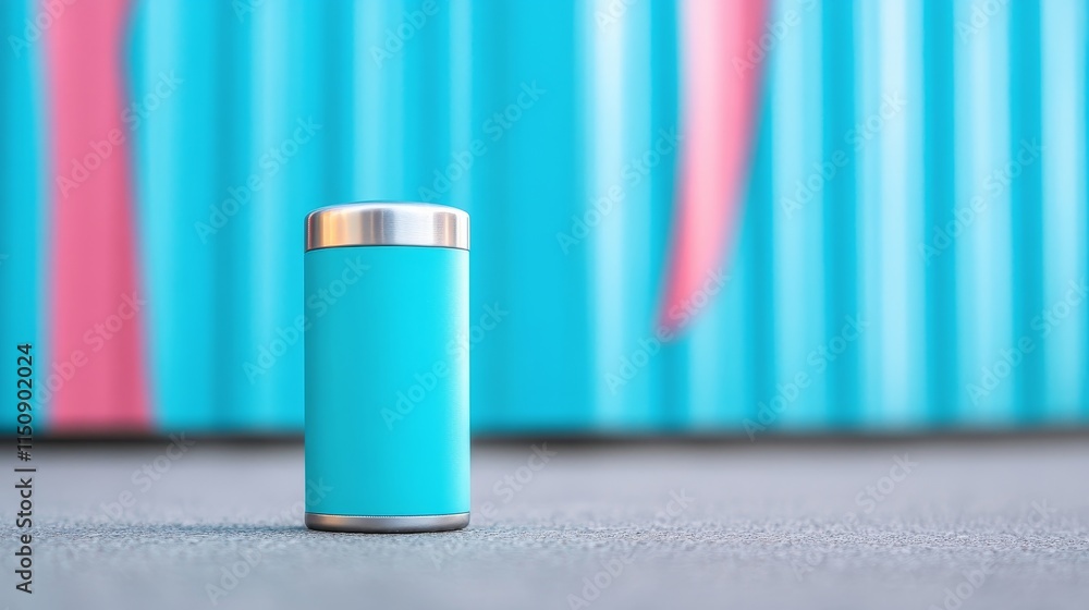 Fototapeta premium Vibrant Blue Trash Can Against a Colorful Urban Background with Pink Artistic Elements Highlighting Modern Street Art Aesthetic and Clean City Environment
