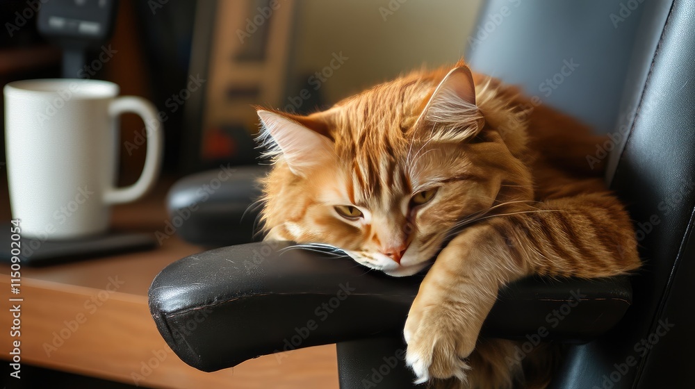A stressed-looking cat sitting on a desk chair, paws on the armrests, with a laptop and coffee cup nearby, in an office setting. A stressed-looking cat sitting on a desk chair, paws on the armrests, with a laptop and coffee cup nearby, in an office setting.