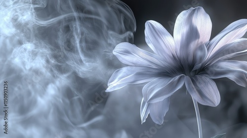 Close-up of a single flower on 3D wallpaper, with soft steam moving upward in a delicate pattern, adding depth and serenity. photo