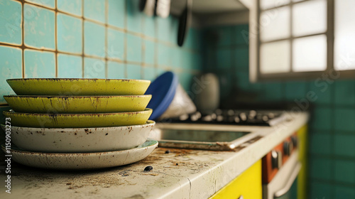 Cluttered and Dirty Kitchen with Unwashed Dishes in a Rundown House photo