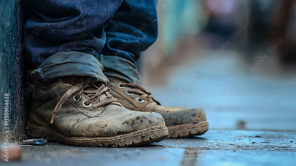 A pair of dirty work boots are on the ground A pair of dirty work boots are on the ground