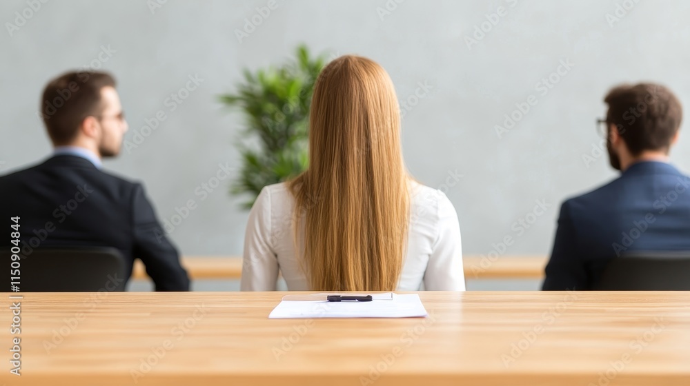 Professional Job Interview Setting with Three Individuals, Focus on Female Candidate in Front of Two Male Interviewers, Modern Office Background Professional Job Interview Setting with Three Individuals, Focus on Female Candidate in Front of Two Male Interviewers, Modern Office Background