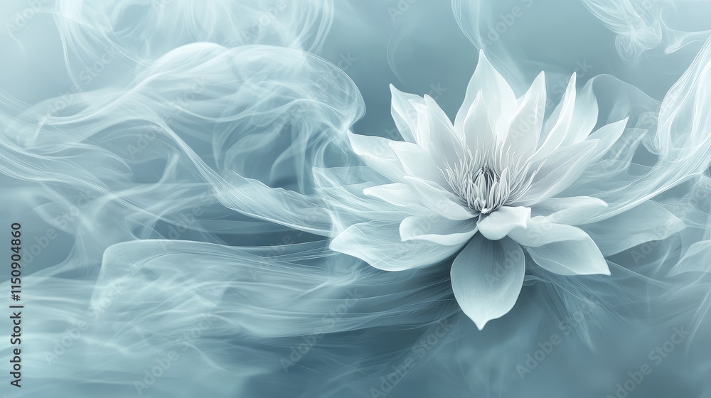 Obraz premium Elegant 3D wallpaper with a minimalist single flower design, surrounded by soft, wispy steam, evoking a tranquil ambiance.