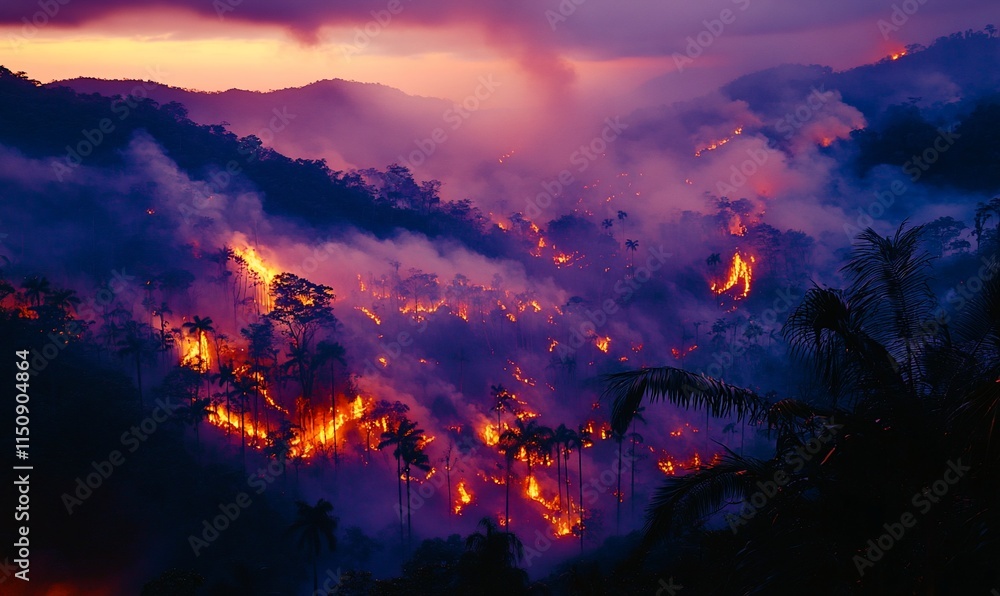 Obraz premium Rainforest burning at sunset with smoke and flames.