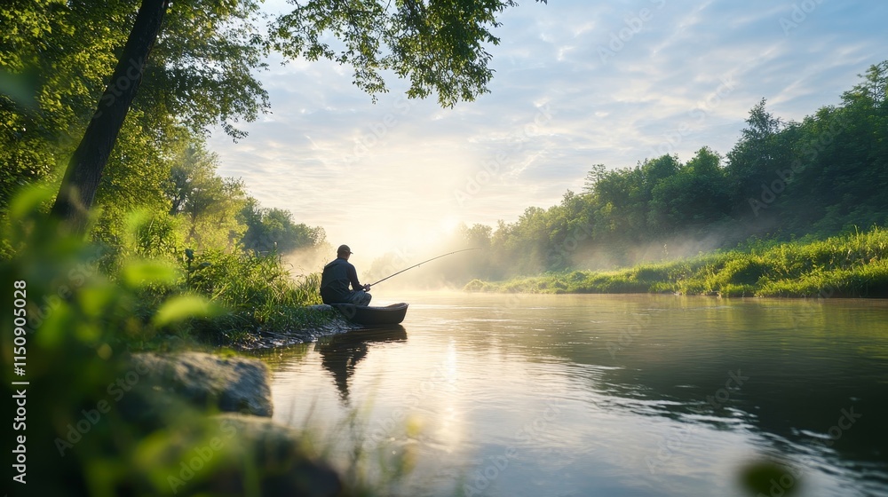 Serene Morning Fishing Scene at a Tranquil River with Mist Rising and Soft Sunlight Illuminating Nature's Beauty Serene Morning Fishing Scene at a Tranquil River with Mist Rising and Soft Sunlight Illuminating Nature's Beauty