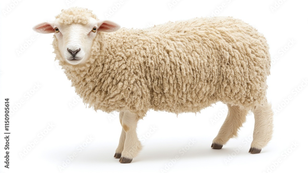 Fototapeta premium A fluffy sheep standing on a white background, showcasing its woolly coat.