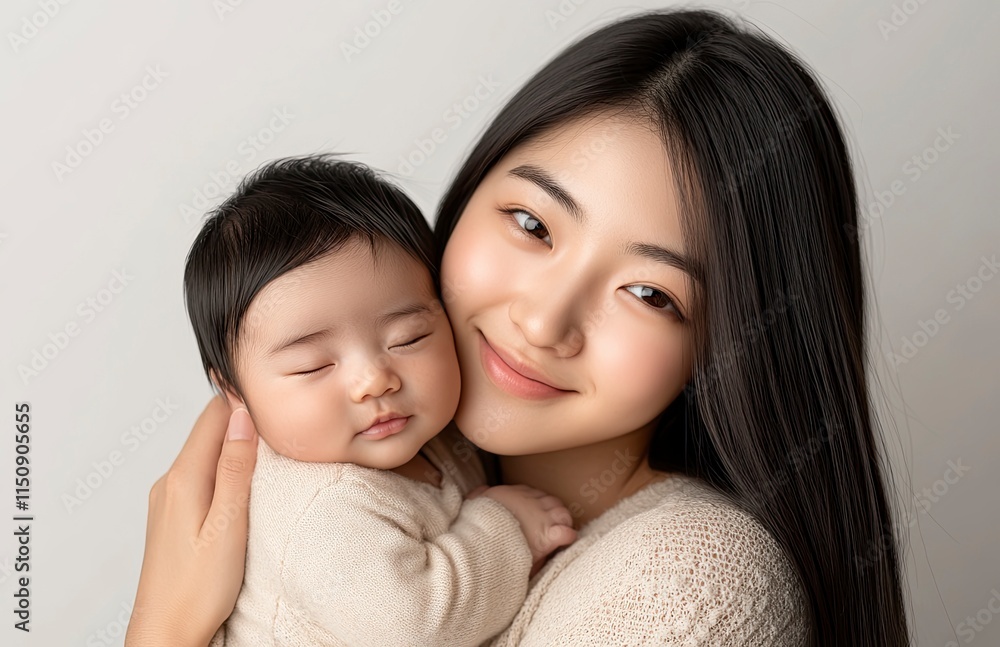 A young Asian mother holding her newborn baby, smiling and kissing the child on their forehead in front of a white background. The woman is wearing light-colored with long hair. A young Asian mother holding her newborn baby, smiling and kissing the child on their forehead in front of a white background. The woman is wearing light-colored with long hair.