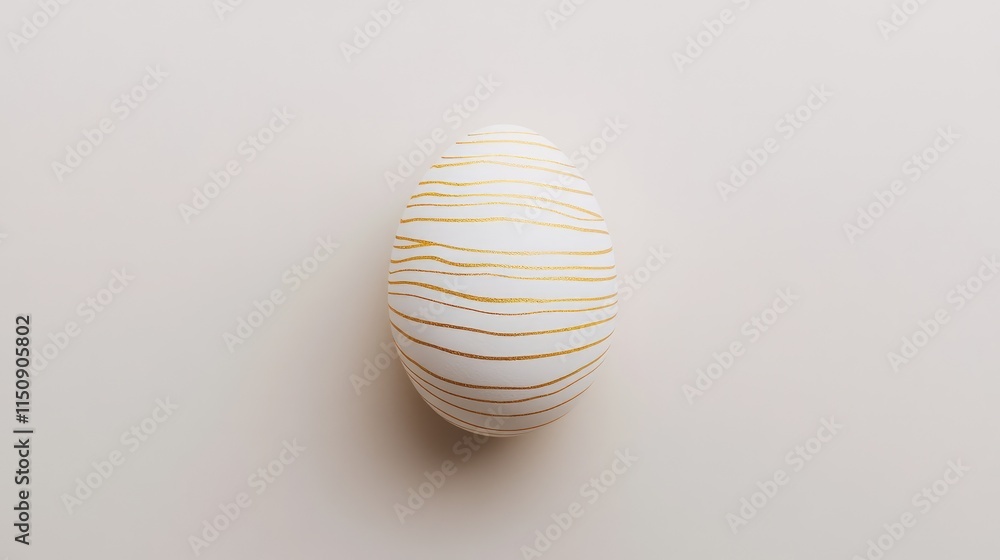 Minimalistic setup of a white Easter egg with subtle golden stripes, centered on a plain light gray background. Minimalistic setup of a white Easter egg with subtle golden stripes, centered on a plain light gray background.