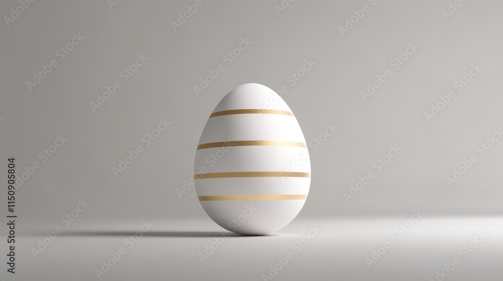 Minimalistic setup of a white Easter egg with subtle golden stripes, centered on a plain light gray background. Minimalistic setup of a white Easter egg with subtle golden stripes, centered on a plain light gray background.