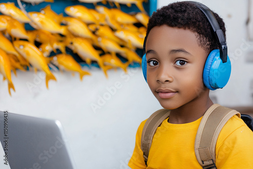 Boy with Blue Headphones and Backpack near Gold Fish photo