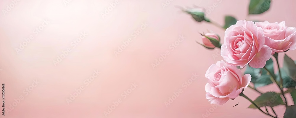 Fototapeta premium Minimal rose concept. Beautiful pink roses with green leaves against a soft pastel background.