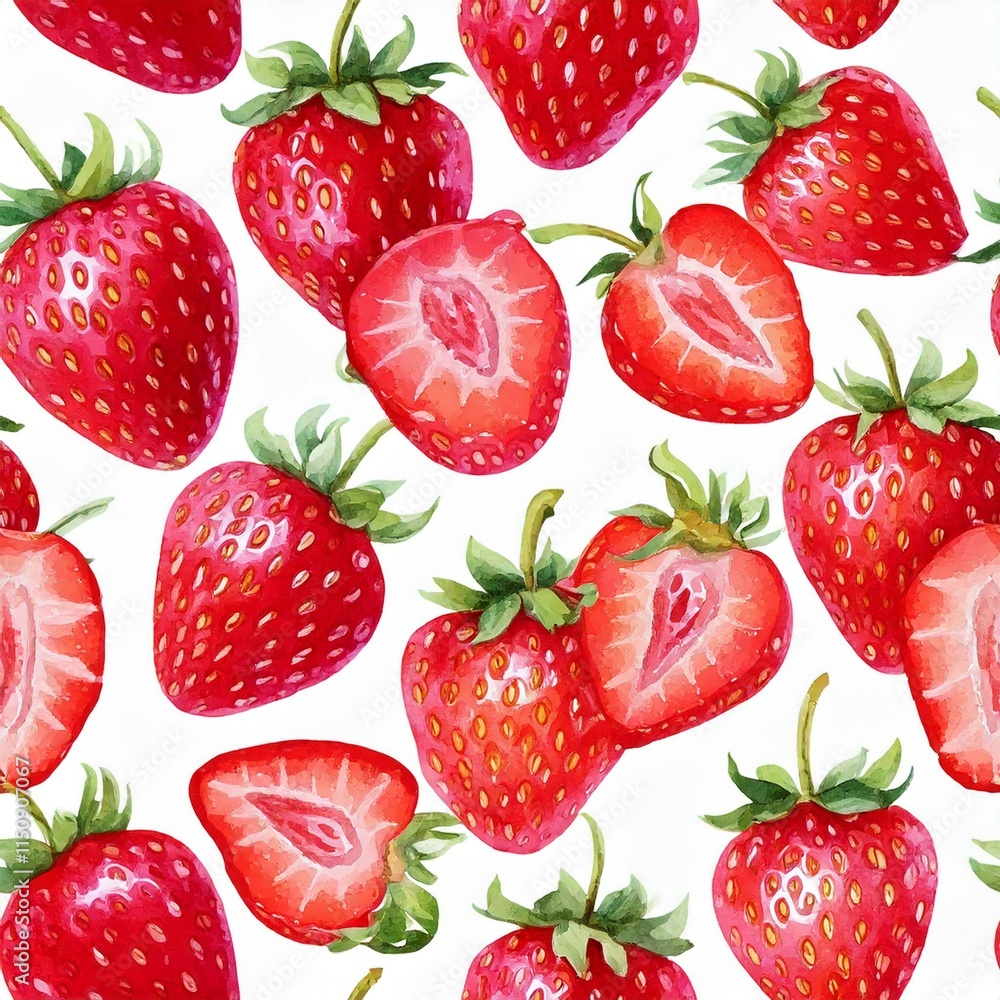Seamless pattern with colorful strawberry isolated on white background. Aquarelle picture